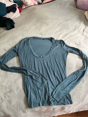 Free People Teal Long Sleeve Scoop Neck Shirt